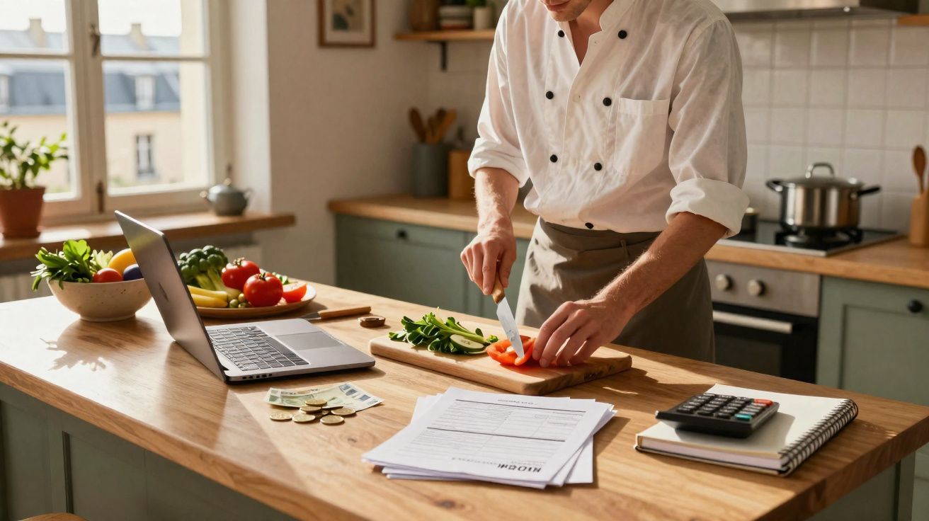 Pessoa a cortar legumes numa tábua numa cozinha, com laptop, papéis e calculadora na mesa.
