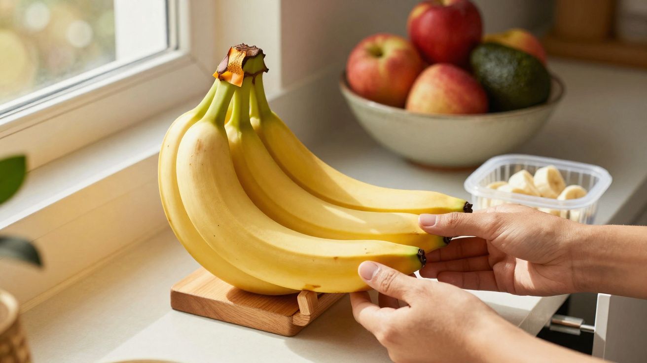 Mãos a pegar um cacho de bananas maduras numa cozinha com frutas numa tigela ao fundo.