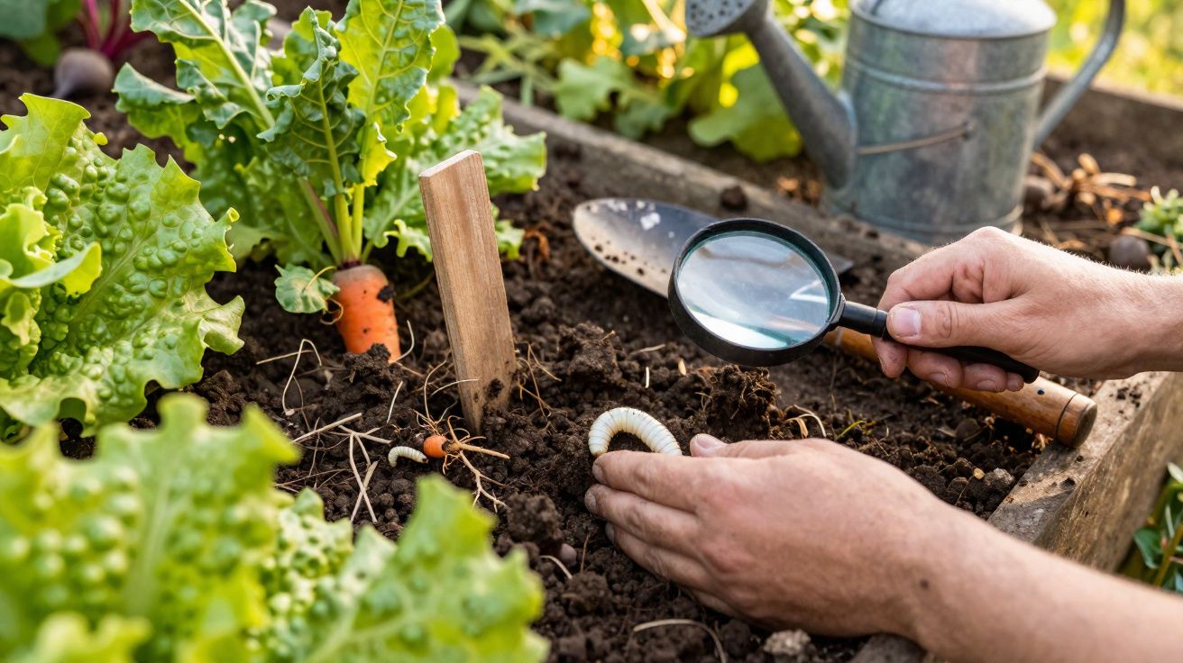 Mãos a examinar minhoca no solo com lupa numa horta com alfaces, cenoura e regador ao fundo.