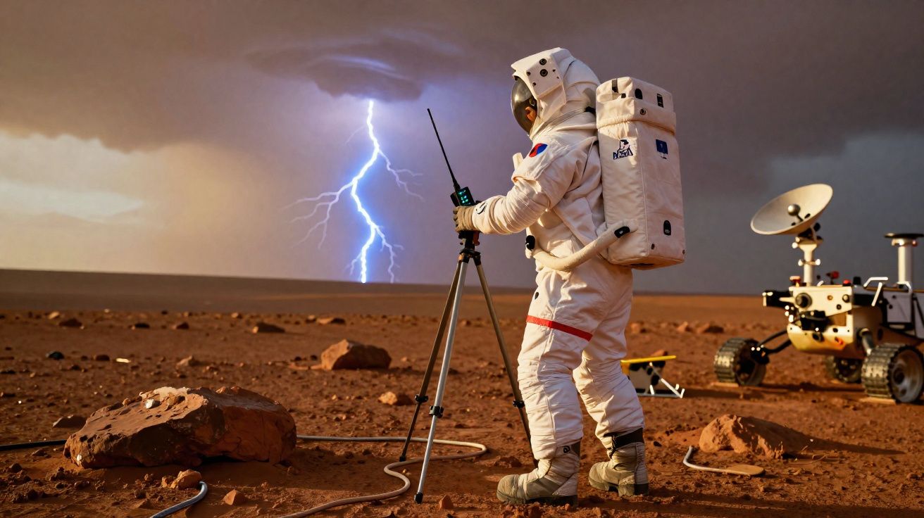 Astronauta em fato espacial na superfície rochosa de Marte com relâmpago ao fundo e rover ao lado.