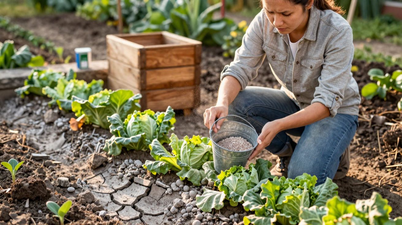 Pessoa a aplicar fertilizante em plantas verdes num jardim com terra seca e rachada.