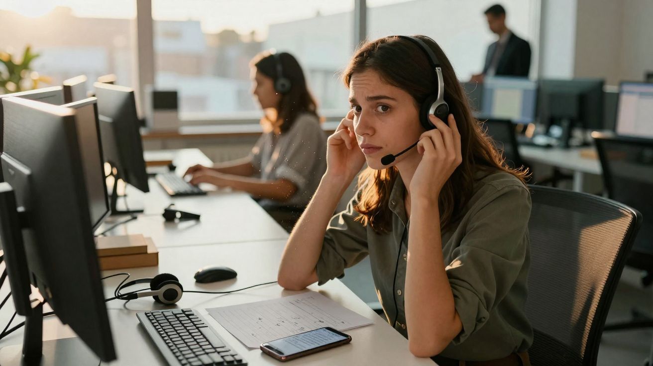 Mulher com auscultadores numa empresa, ao computador, preparada para atendimento ou suporte ao cliente.