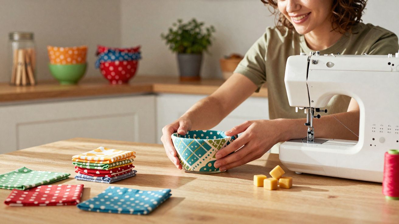 Pessoa a segurar um recipiente de tecido feito à mão, com máquina de costura e tecidos coloridos na mesa.