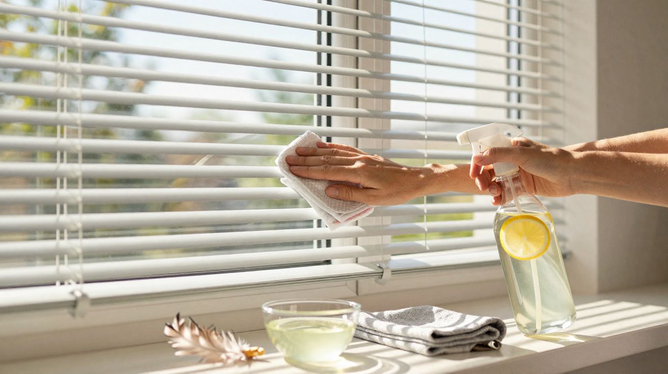 Mãos a limpar persianas brancas junto a janela com pano e spray de limpeza caseiro com limão.