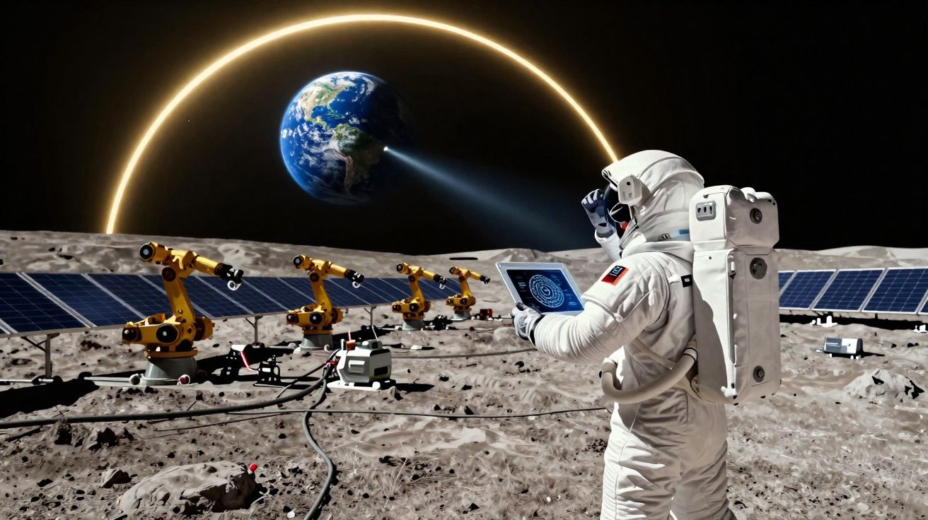 Astronauta na superfície lunar com painéis solares e braços robóticos, Terra e anel brilhante ao fundo.