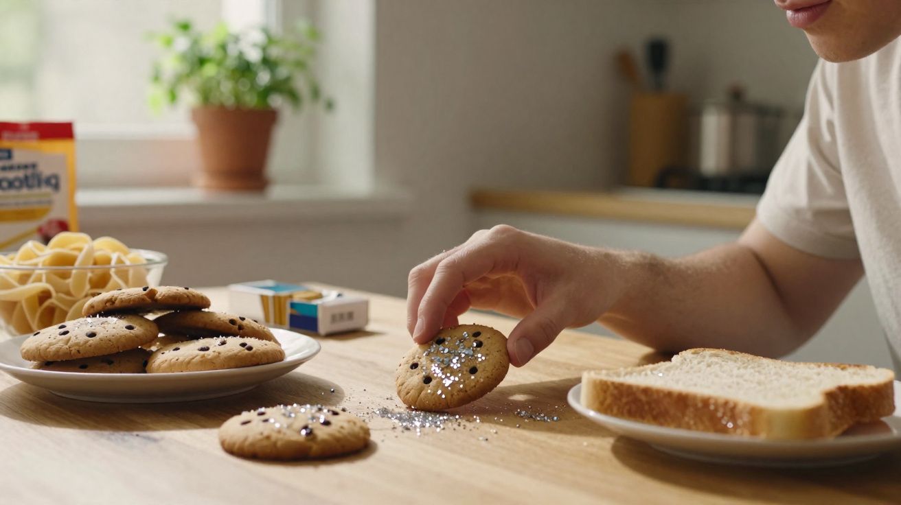 Pessoa pegando bolacha decorada com confeitos prateados numa mesa com pão e alimentos.