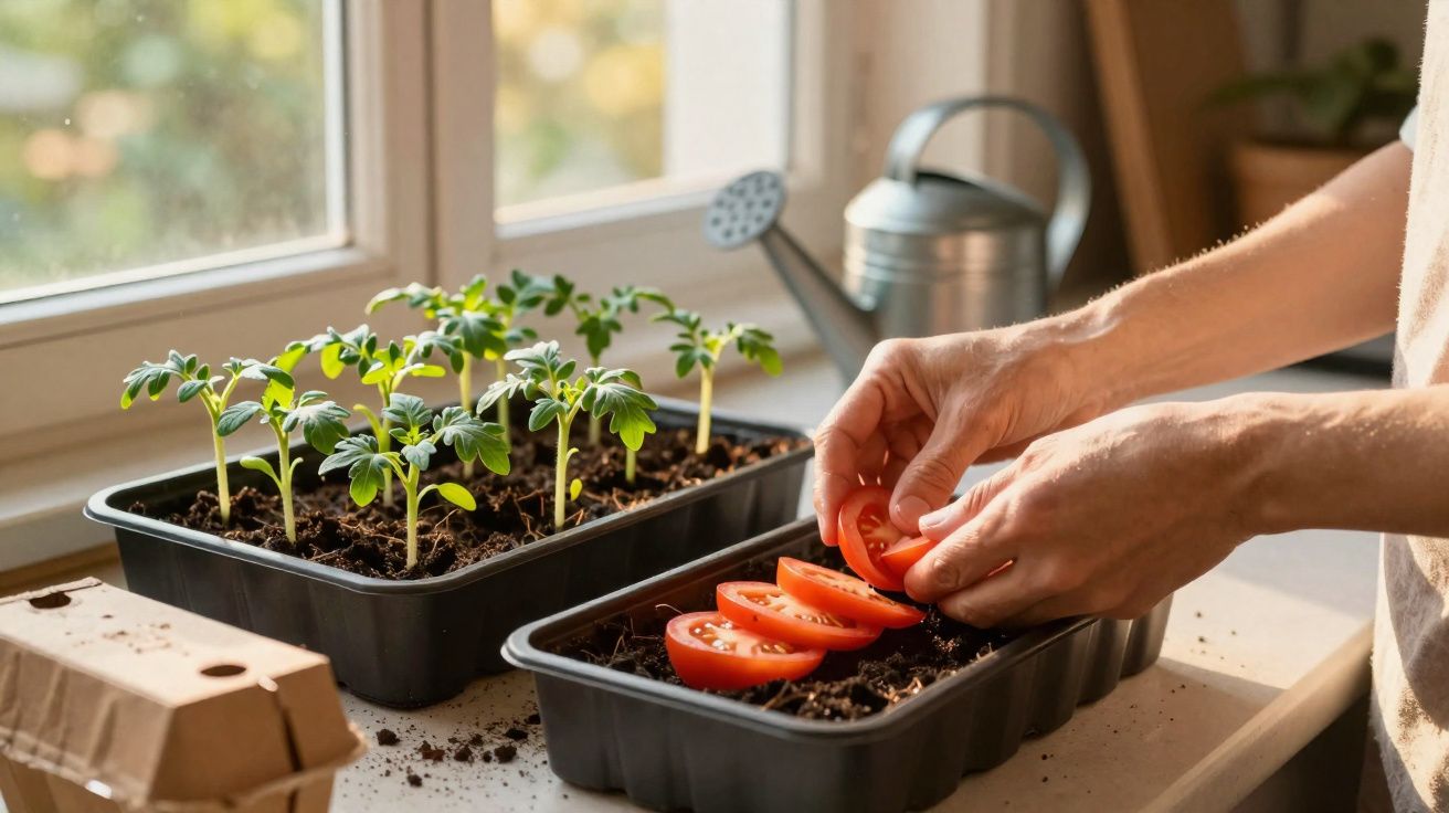 Mãos a plantar fatias de tomate em tabuleiro com terra, ao lado de mudas verdes perto de janela iluminada.