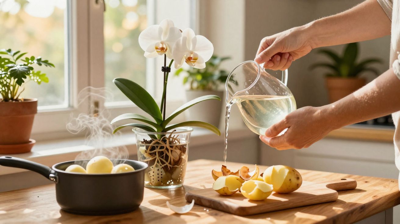 Pessoa a despejar água numa tábua com batatas descascadas numa cozinha iluminada, ao lado de orquídea branca.