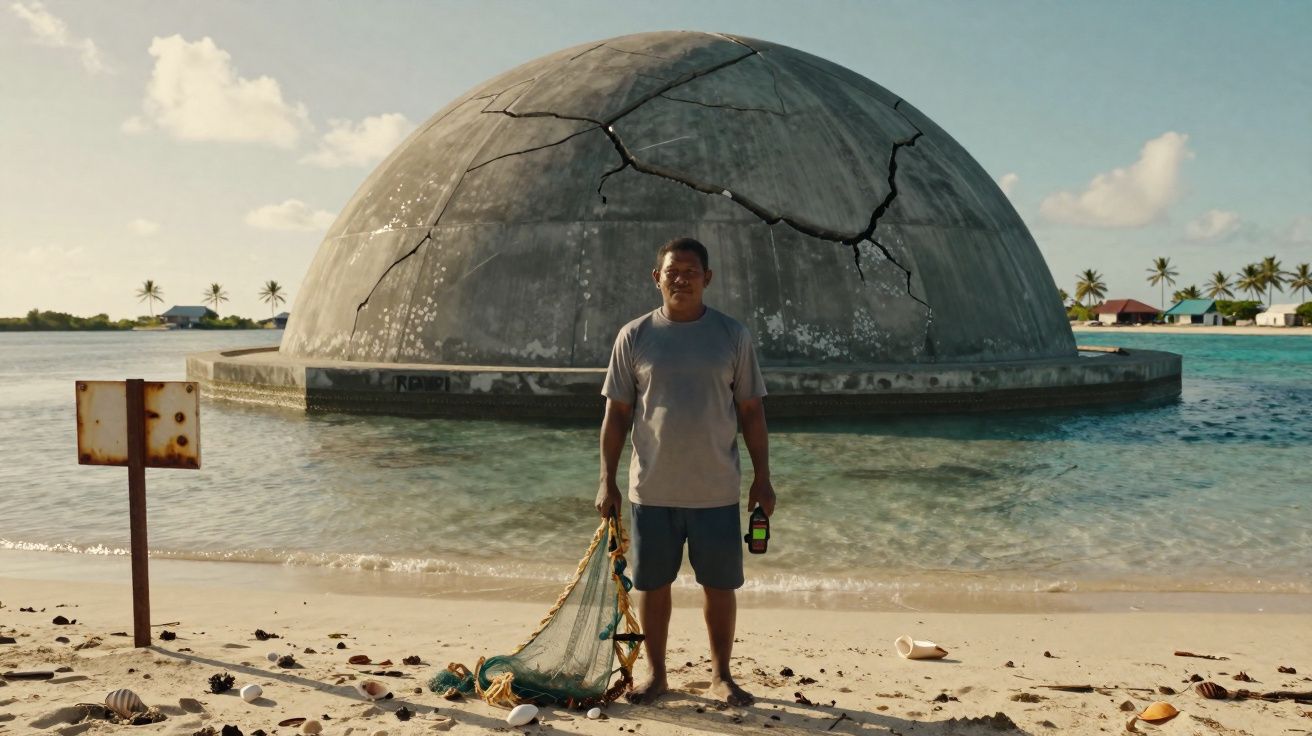 Homem em praia com rede de pesca, em frente a cúpula de concreto rachada submersa na água.