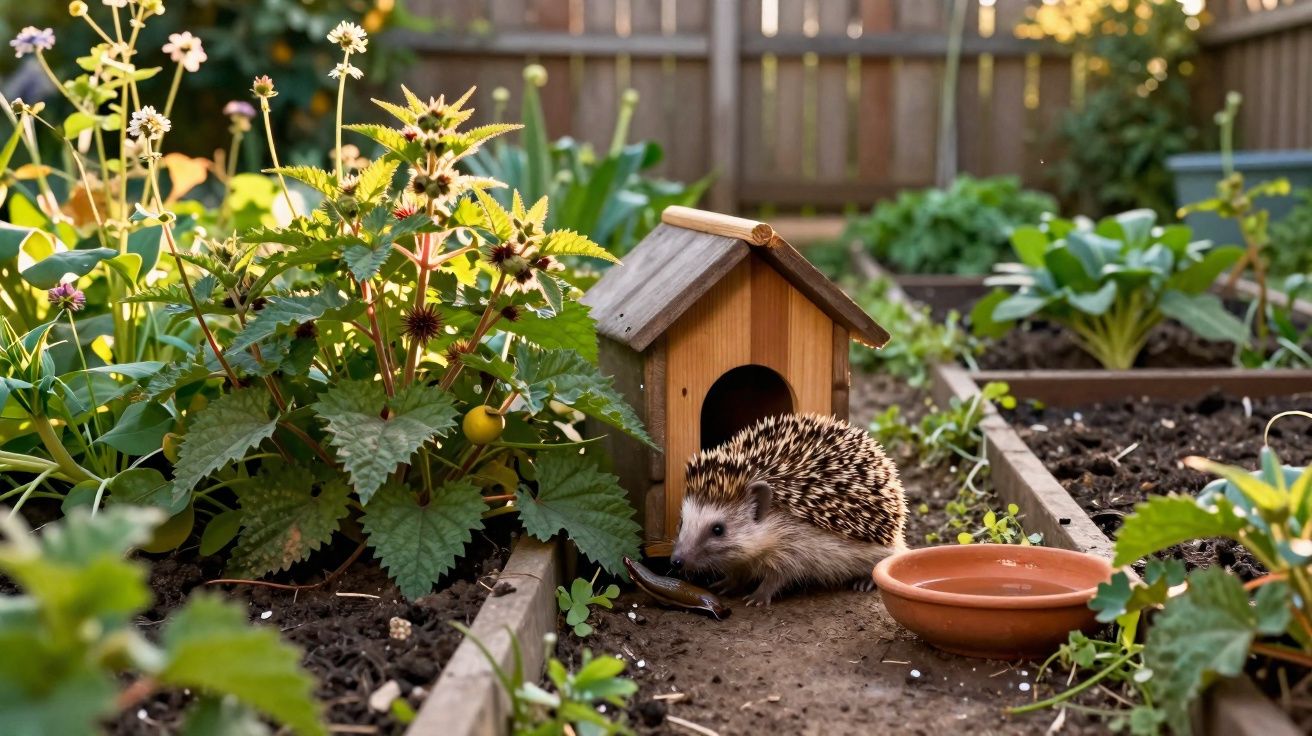 Ouriço junto a casa de madeira num jardim com plantas e tigela de água ao pôr do sol.