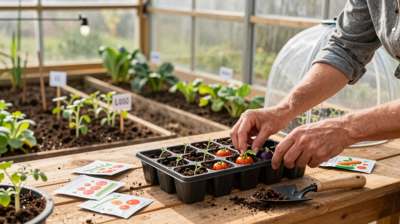 Mãos a transplantar mudas de tomates num tabuleiro, com pacotes de sementes e terra numa estufa luminosa.