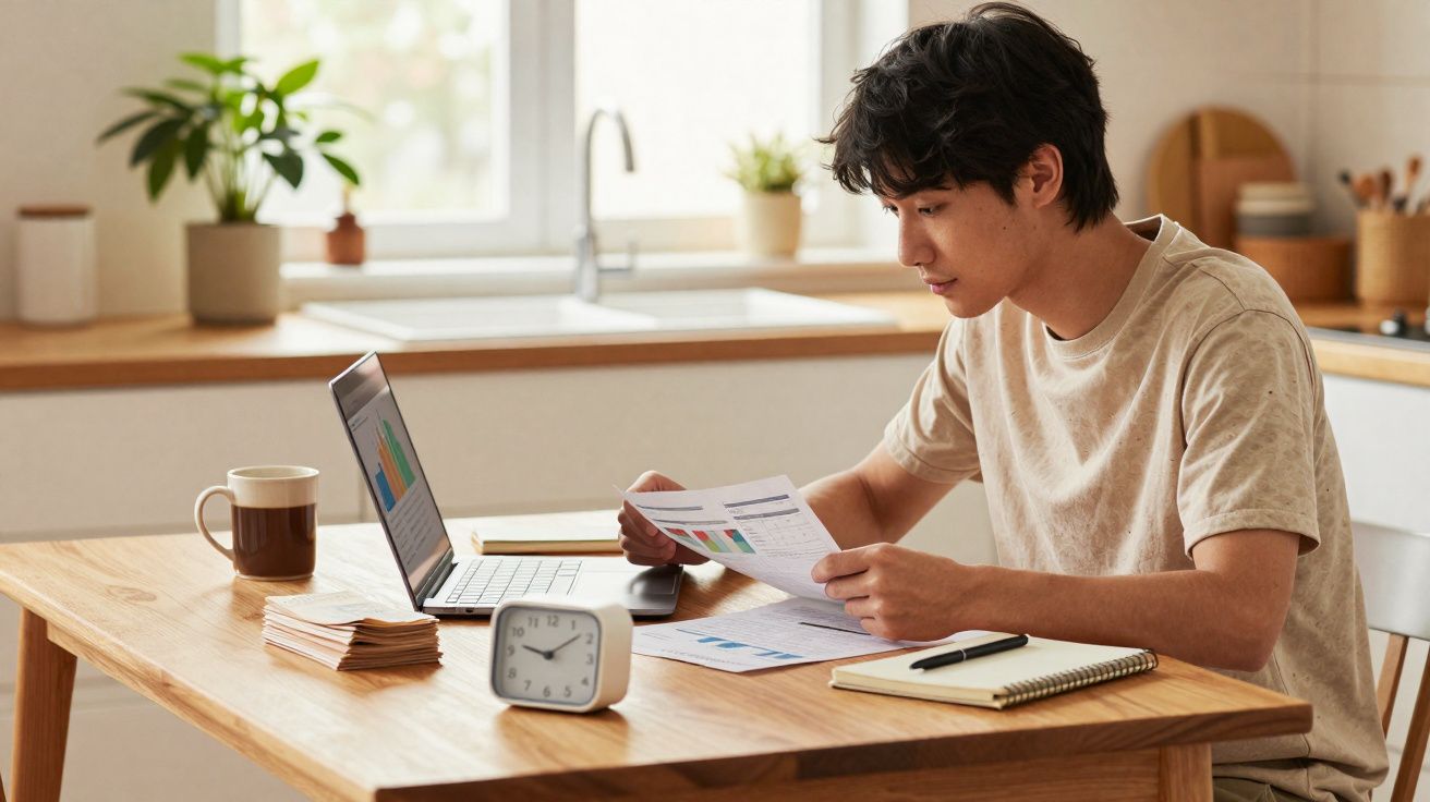 Jovem sentado à mesa a analisar documentos com computador portátil, relógio e caneca numa cozinha luminosa.