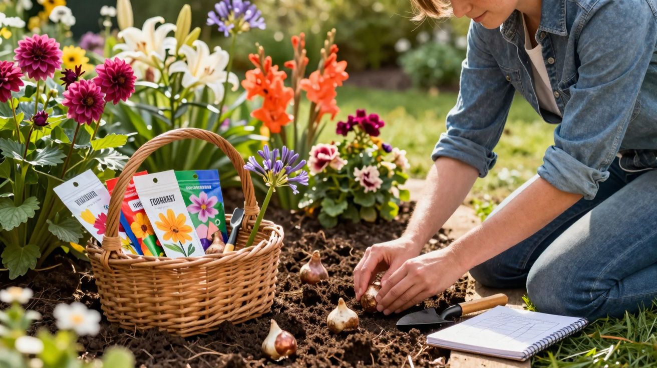 Pessoa a plantar bulbos de flores num jardim com sementes e ferramentas ao lado num cesto de vime.