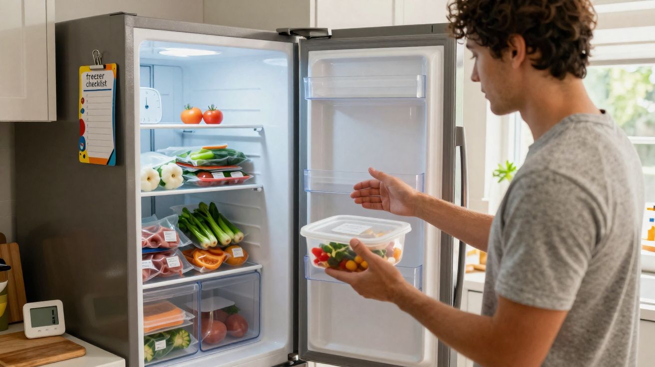 Homem de cabelo encaracolado guarda comida numa caixa plástica dentro do frigorífico aberto numa cozinha iluminada.