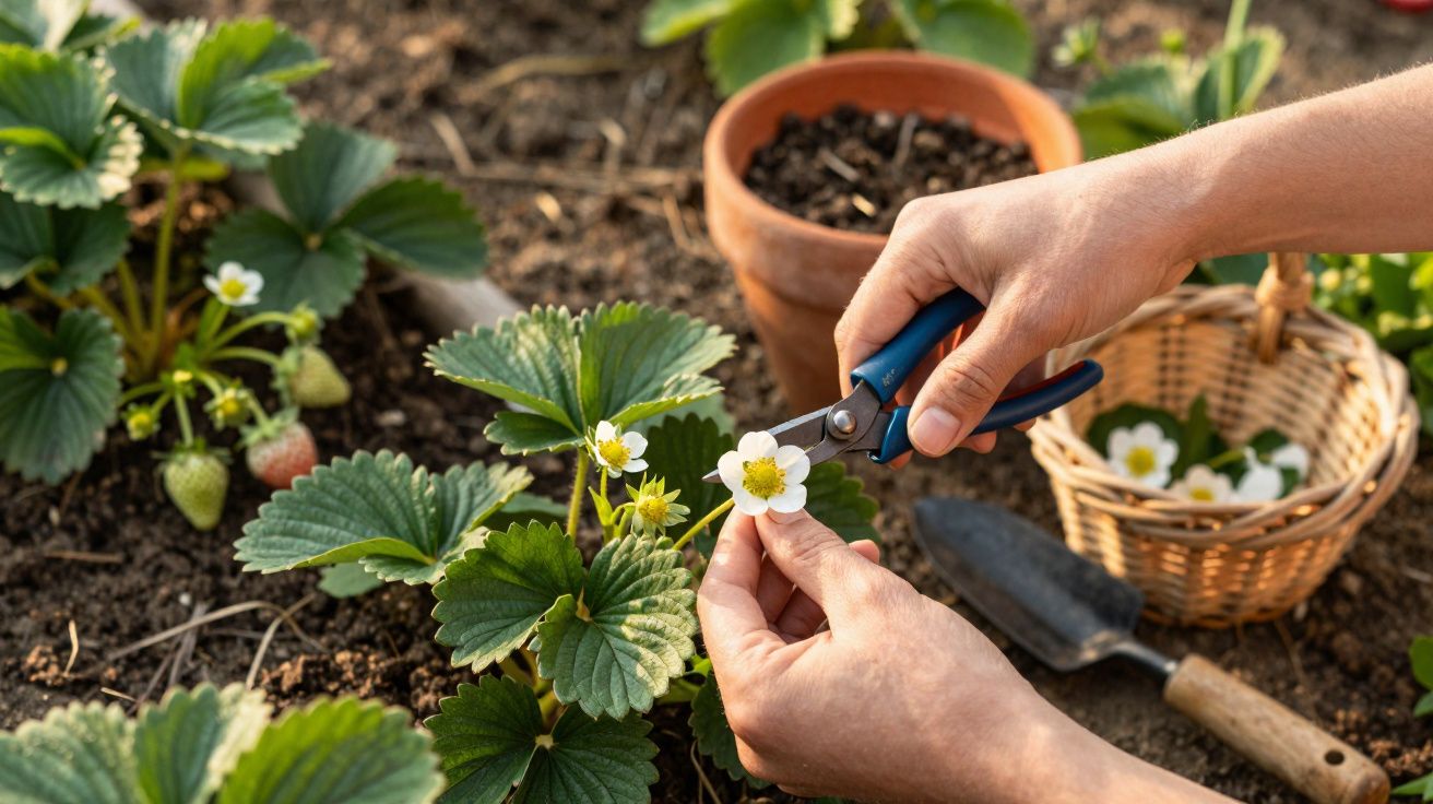 Pessoa a cortar flor de planta de morango num jardim com enxada e cesta ao fundo.