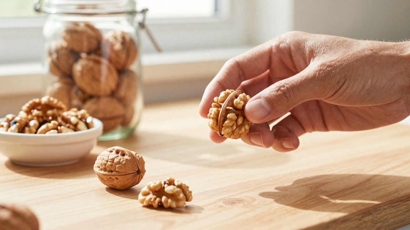 Mão a segurar noz partida com jarro e taça cheios de nozes ao fundo sobre mesa de madeira.