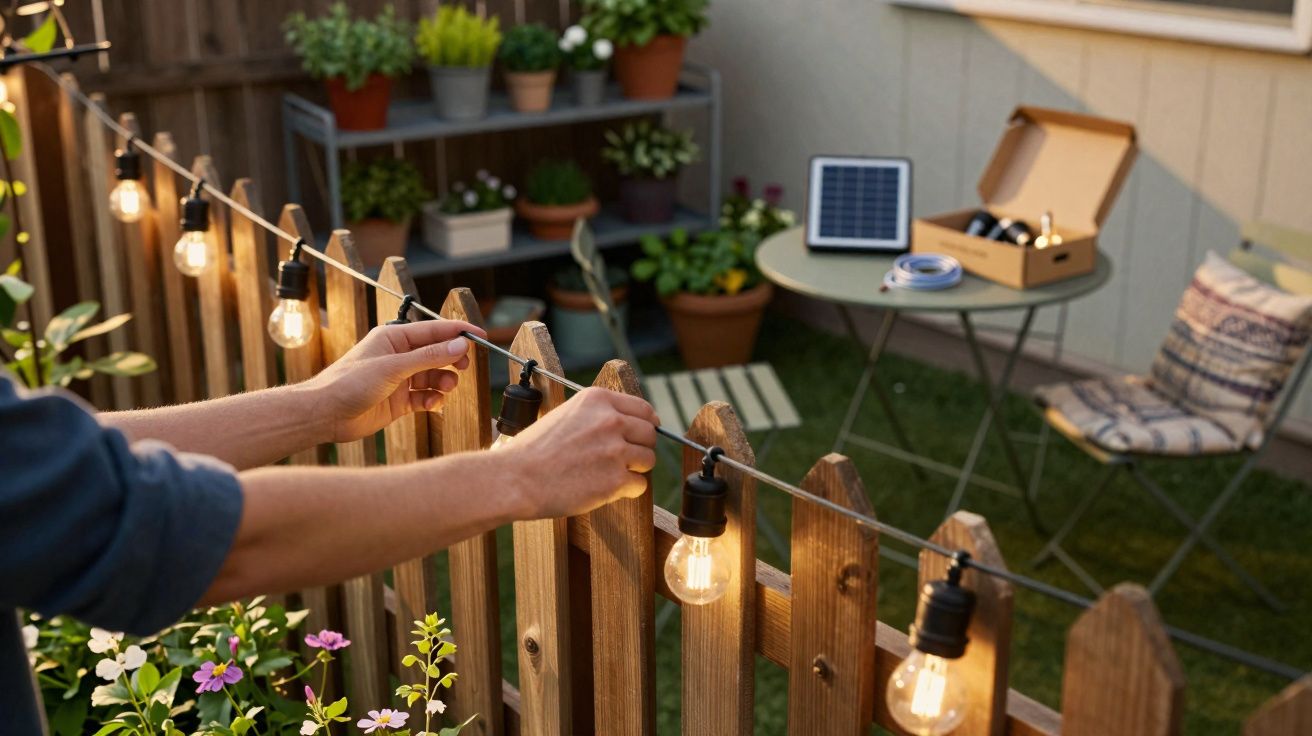 Pessoa a instalar luzes decorativas numa vedação de madeira num jardim com plantas e mesa de exterior.