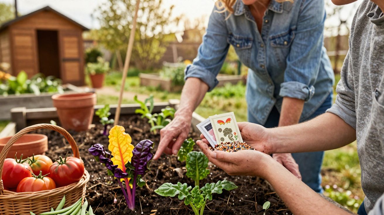 Duas pessoas a plantar sementes numa horta com legumes e plantas em vasos ao fundo.