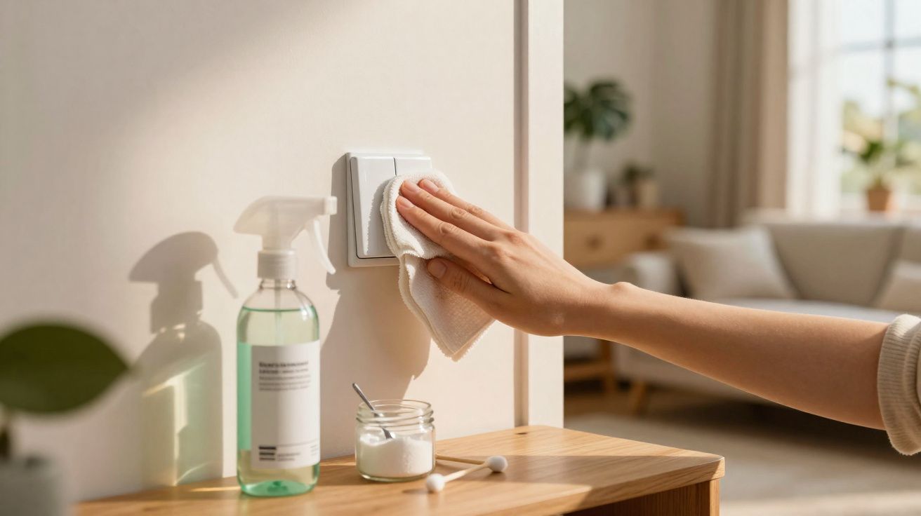 Pessoa a limpar um interruptor de luz com um pano, ao lado de spray de limpeza e algodão num ambiente doméstico.