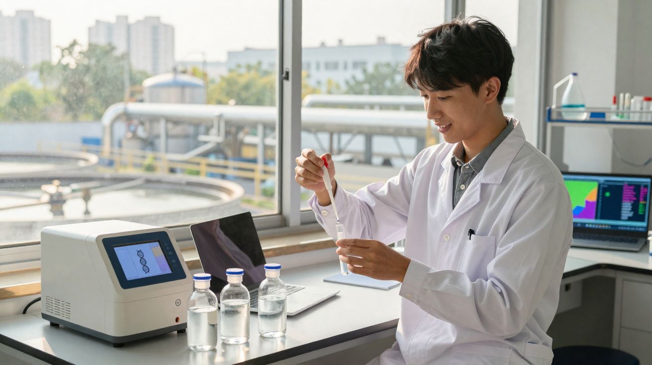 Cientista jovem a usar pipeta em laboratório com equipamentos e frascos transparentes junto a janela.