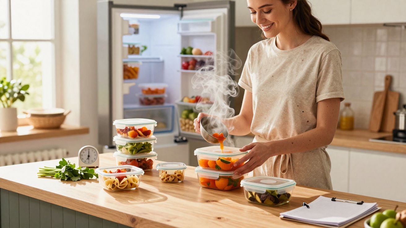 Mulher a colocar comida quente em recipientes de plástico na cozinha bem iluminada e organizada.