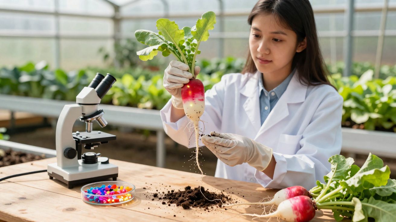 Cientista a examinar um rabanete e analisar solo numa estufa com microscópio e tubos de ensaio coloridos.