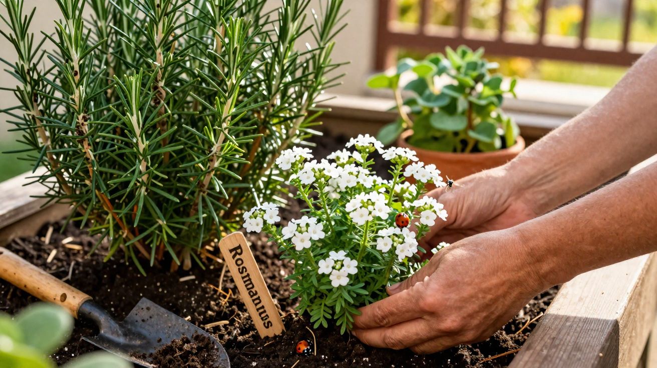 Mãos a plantar flores brancas e ervas aromáticas num canteiro de madeira ao ar livre, com joaninhas.