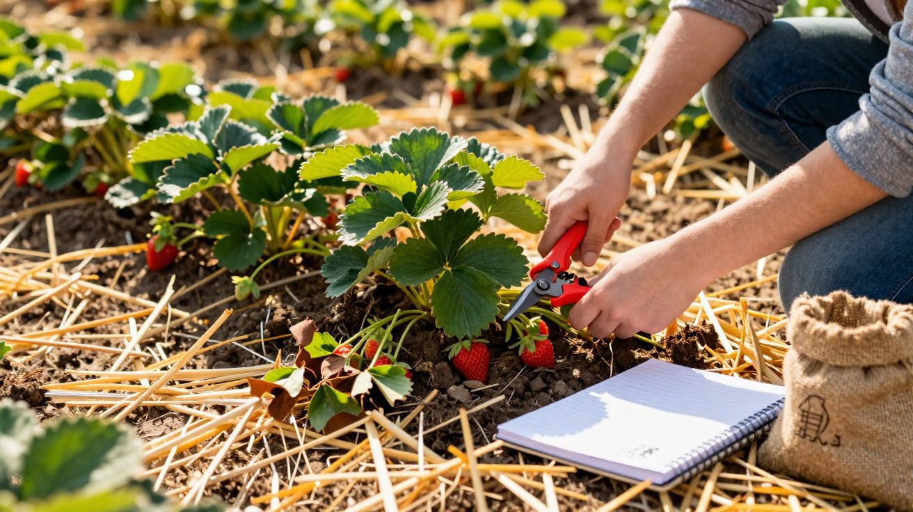 Pessoa colhendo morangos maduros numa horta com tesoura vermelha, junto a bloco de notas e saco de juta.