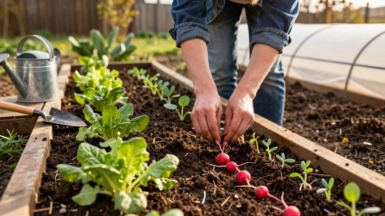 Pessoa a colher rabanetes frescos numa horta com outras plantas verdes em canteiro de madeira.