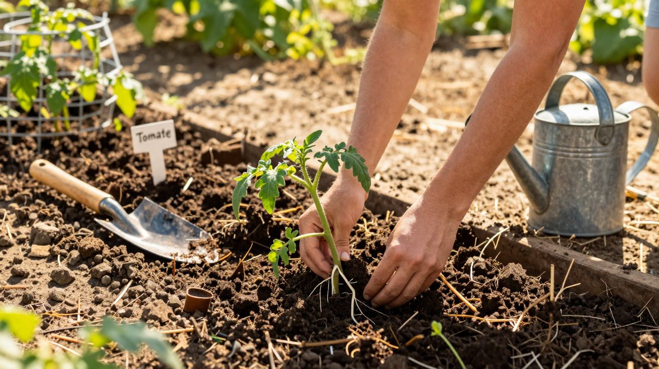 Pessoa a plantar muda de tomate no solo de uma horta com regador e enxada próximos.