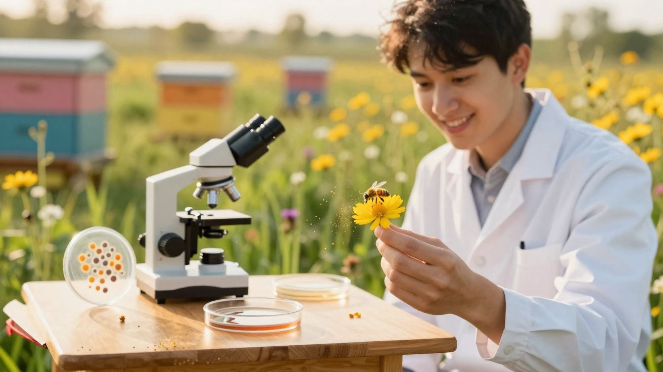 Jovem cientista com bata branca observa abelha numa flor amarela ao ar livre com microscópio e placas de Petri.