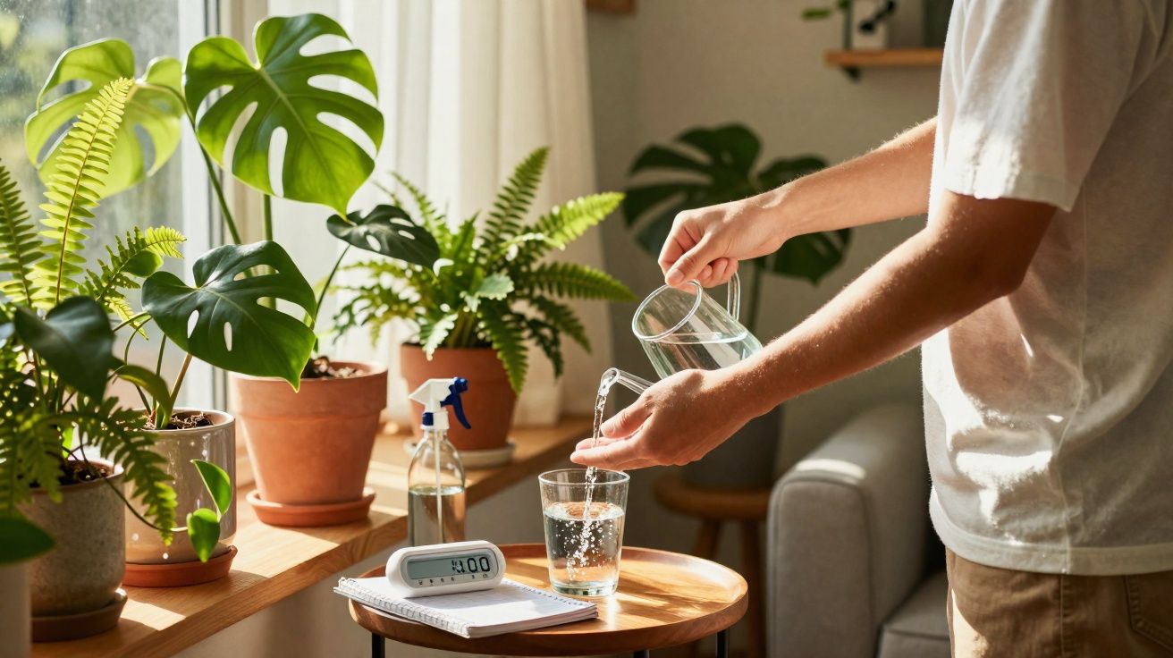 Pessoa a verter água num copo junto a plantas verdes em vaso num ambiente interior iluminado pela luz natural.