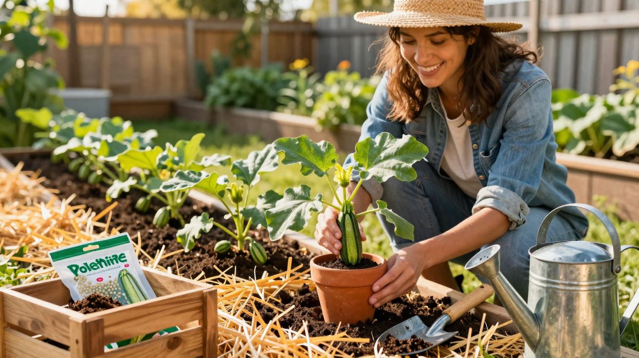 Mulher a plantar pepino num vaso em canteiro com ferramentas de jardinagem ao lado, num jardim ao ar livre.