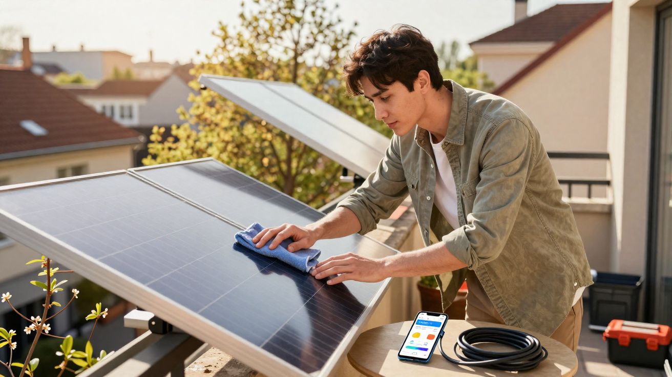 Homem a limpar painéis solares numa varanda com smartphone e cabo numa mesa próxima.