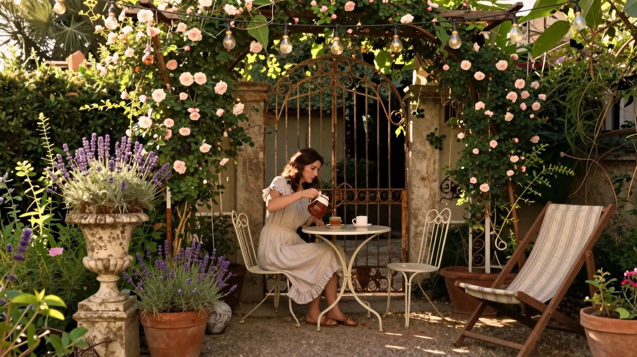 Mulher sentada numa mesa de jardim a servir chá, rodeada de flores e plantas numa atmosfera tranquila.