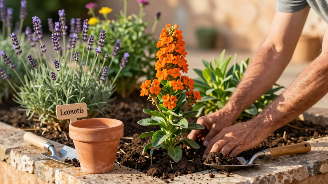 Pessoa a plantar flor laranja num canteiro com ervas e flores, incluindo lavanda e uma etiqueta "Leonotis".