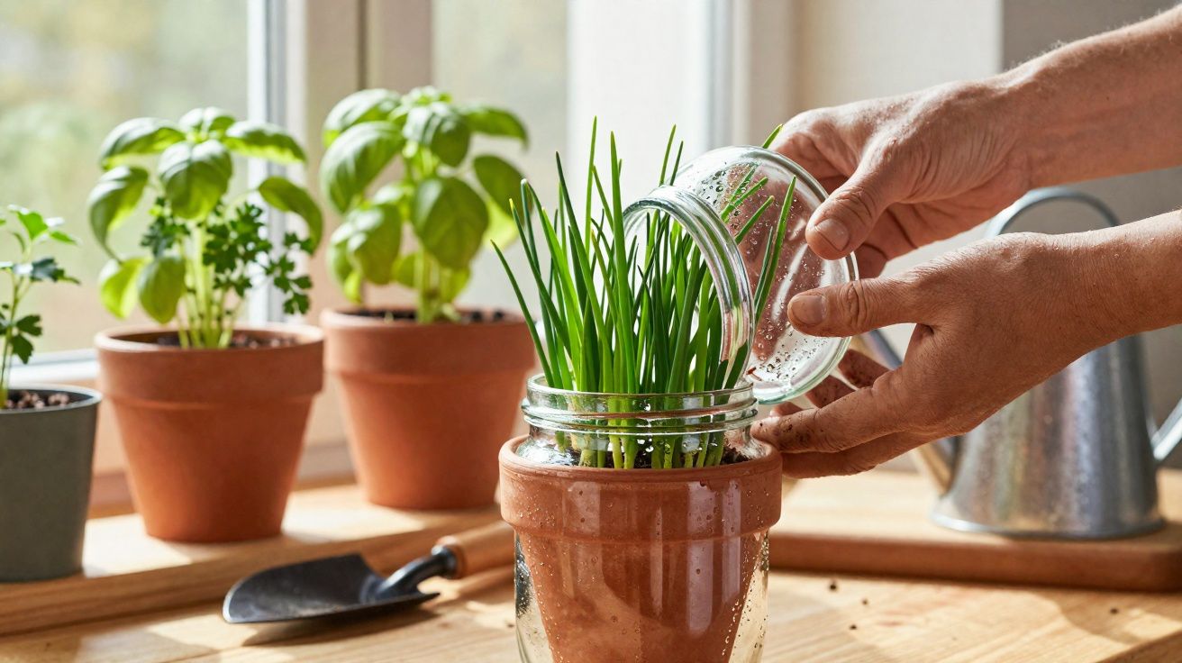 Mãos a regar plantas aromáticas em vasos de barro junto a uma janela com luz natural.