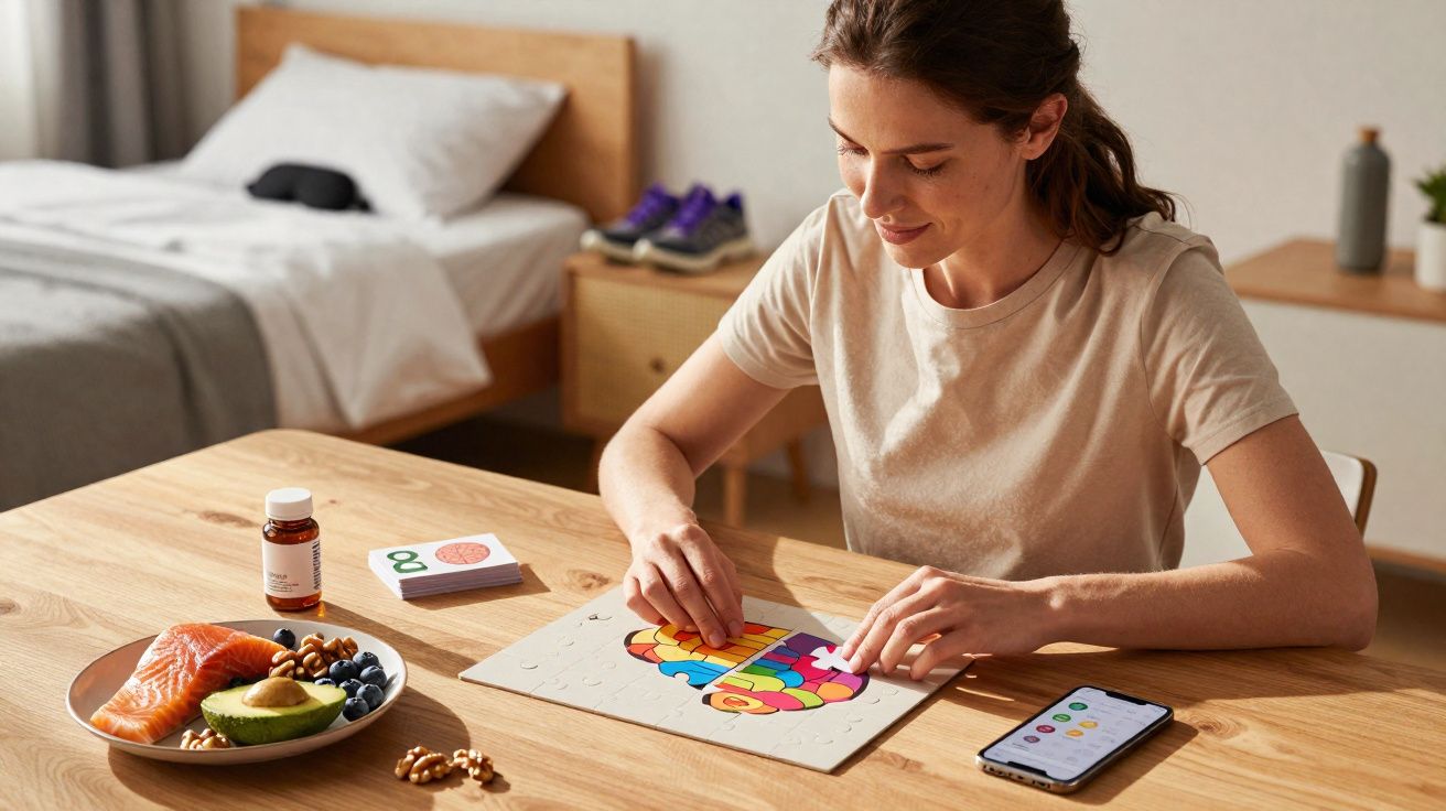 Mulher a montar puzzle colorido do cérebro com alimento saudável e suplementos na mesa à sua frente.