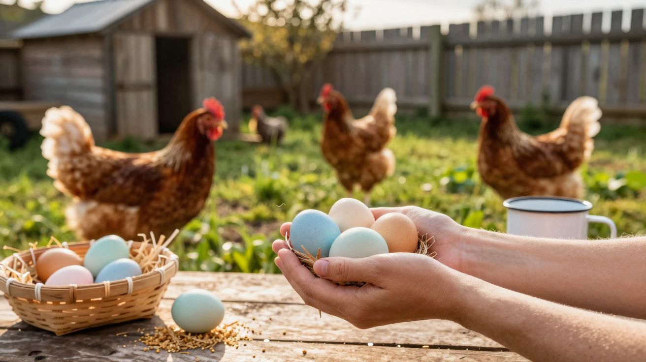 Mãos seguram ovos de várias cores, galinhas no fundo, cesta com ovos e saco de ração numa quinta ao ar livre.