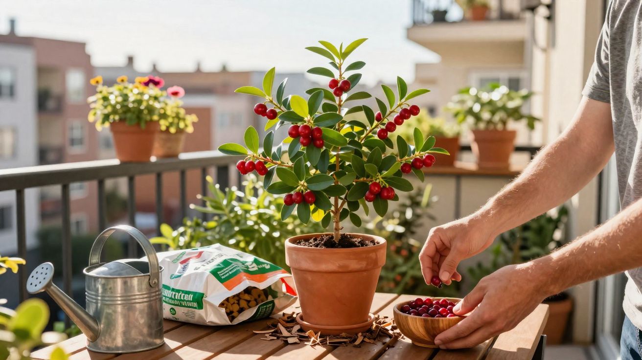Mãos colhendo bagas vermelhas de planta em vaso de barro numa varanda com regador e terra à volta.