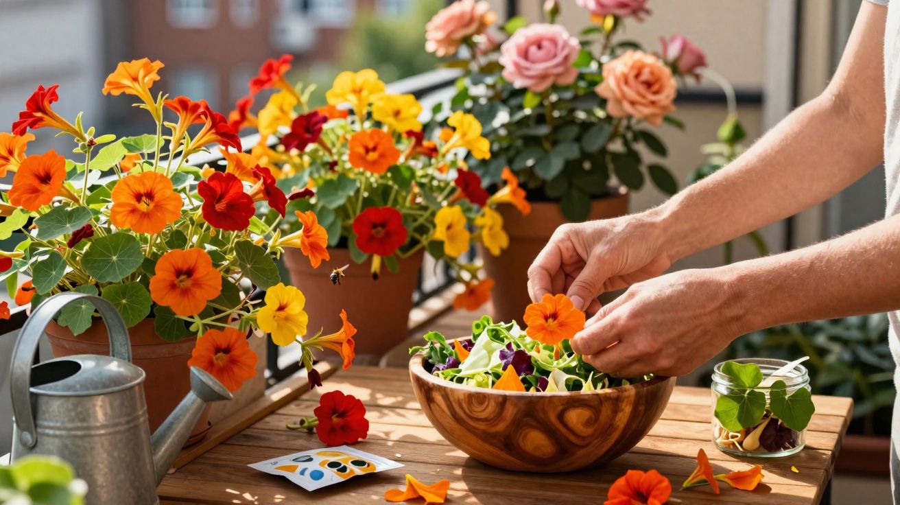 Pessoa a preparar salada com flores comestíveis numa varanda com vasos coloridos de flores e regador metálico.