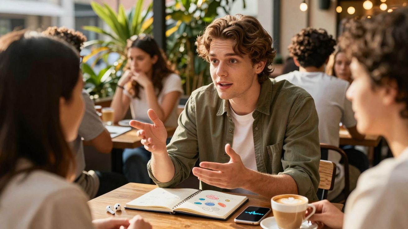 Jovem a explicar ideias a duas pessoas numa mesa de café com caderno e telemóvel à frente.