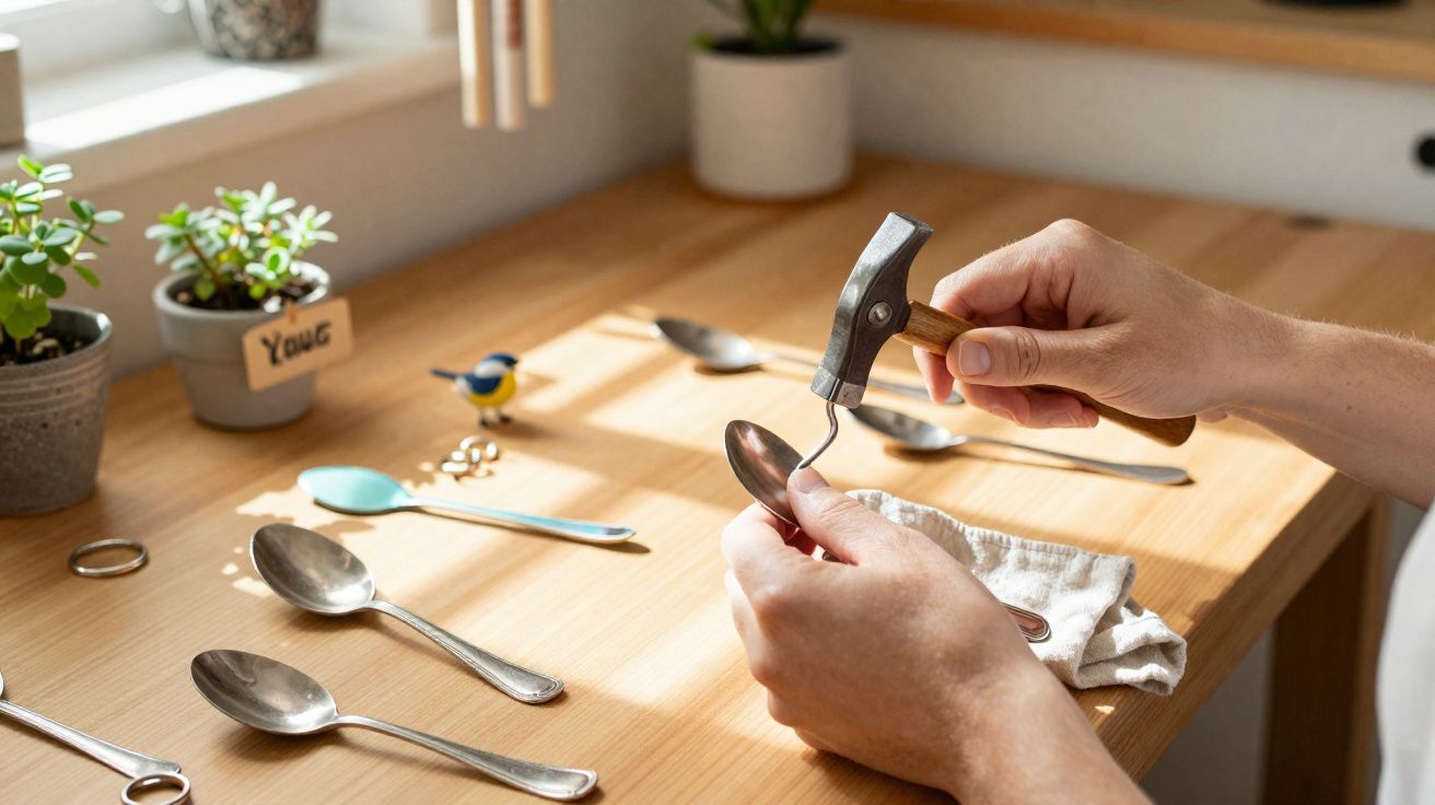 Mãos masculinas a curvar uma colher com um martelo numa mesa de madeira com várias colheres e plantas.