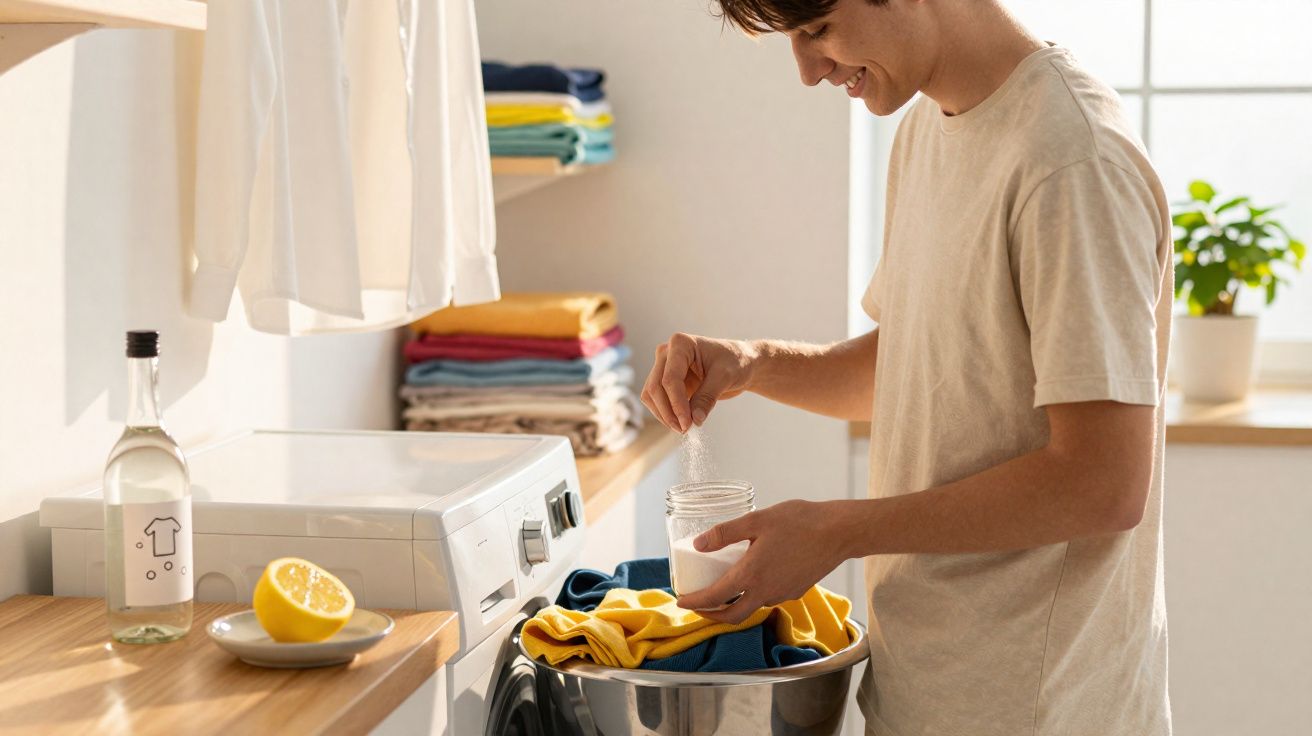 Jovem a aplicar detergente em roupa colorida junto a máquina de lavar numa lavandaria bem iluminada.