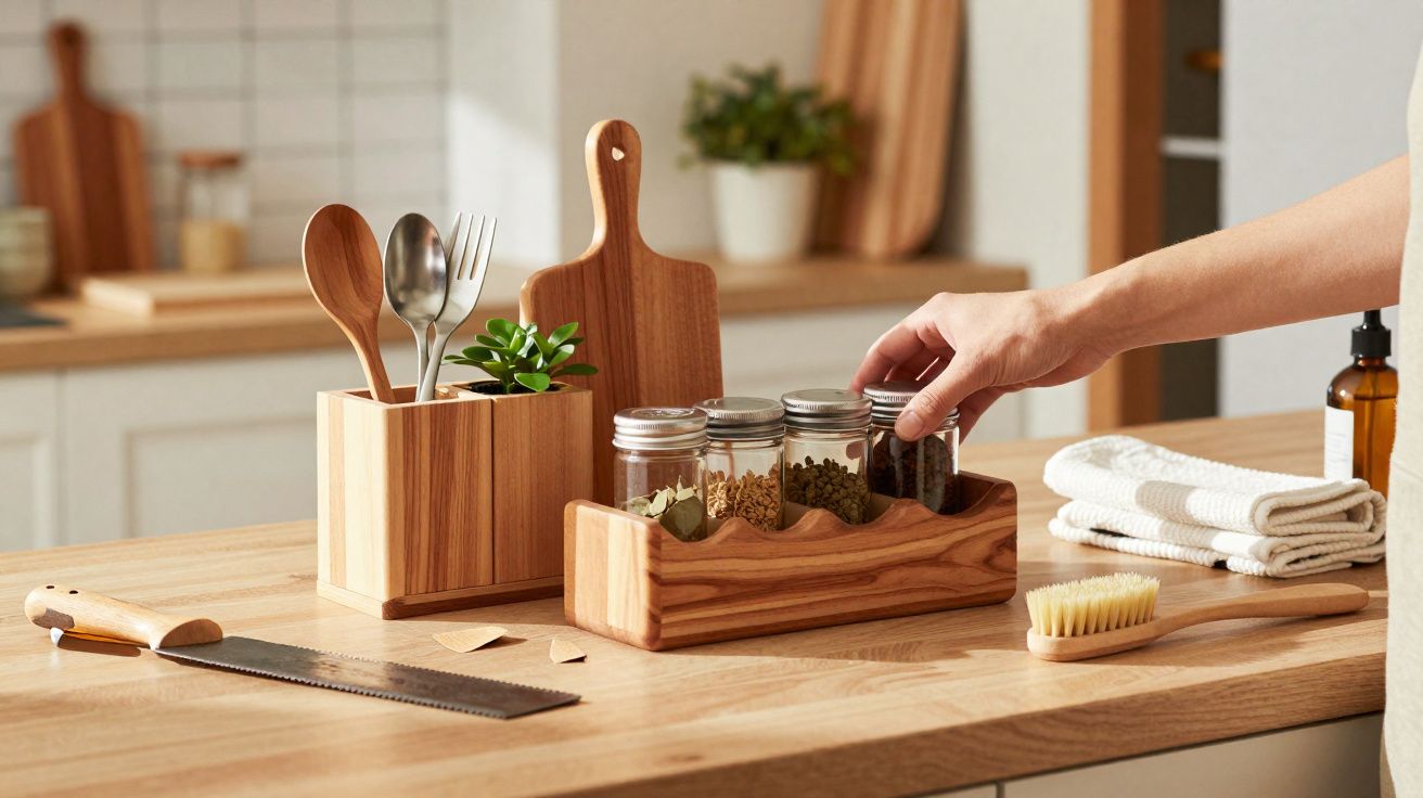 Mão a pegar frasco de especiarias em organizador de madeira numa cozinha com utensílios e tábuas.