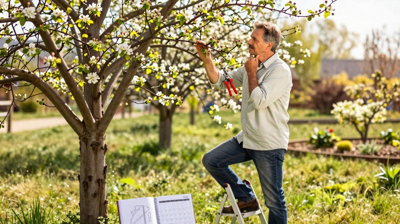 Homem em escada a podar ramo de árvore florida num pomar com manual aberto no chão.