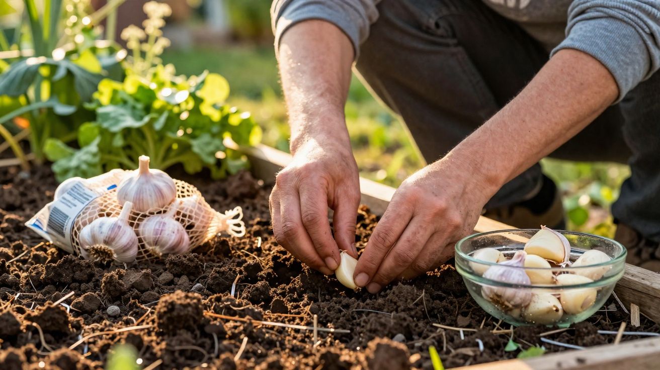 Pessoa a plantar dentes de alho na terra de um canteiro de jardim ao ar livre.