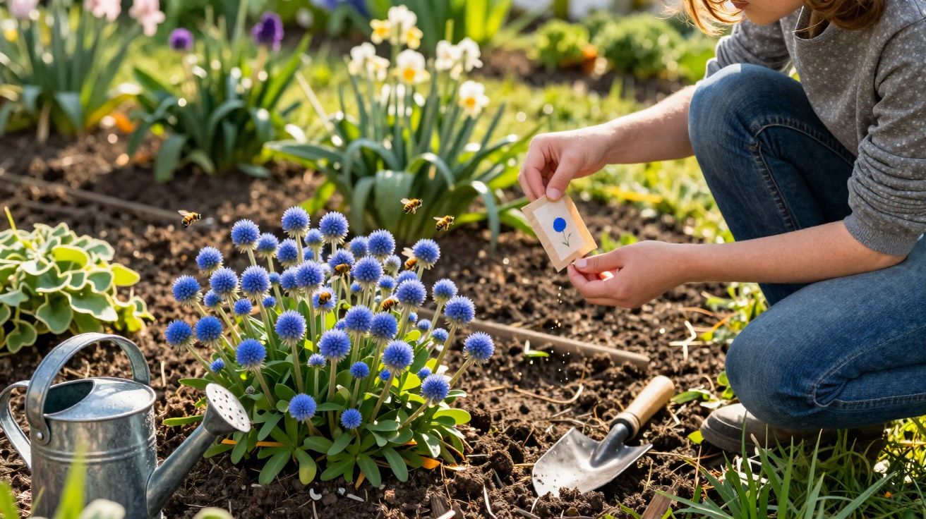 Pessoa a cultivar flores azuis num jardim florido com regador e enxada ao lado.