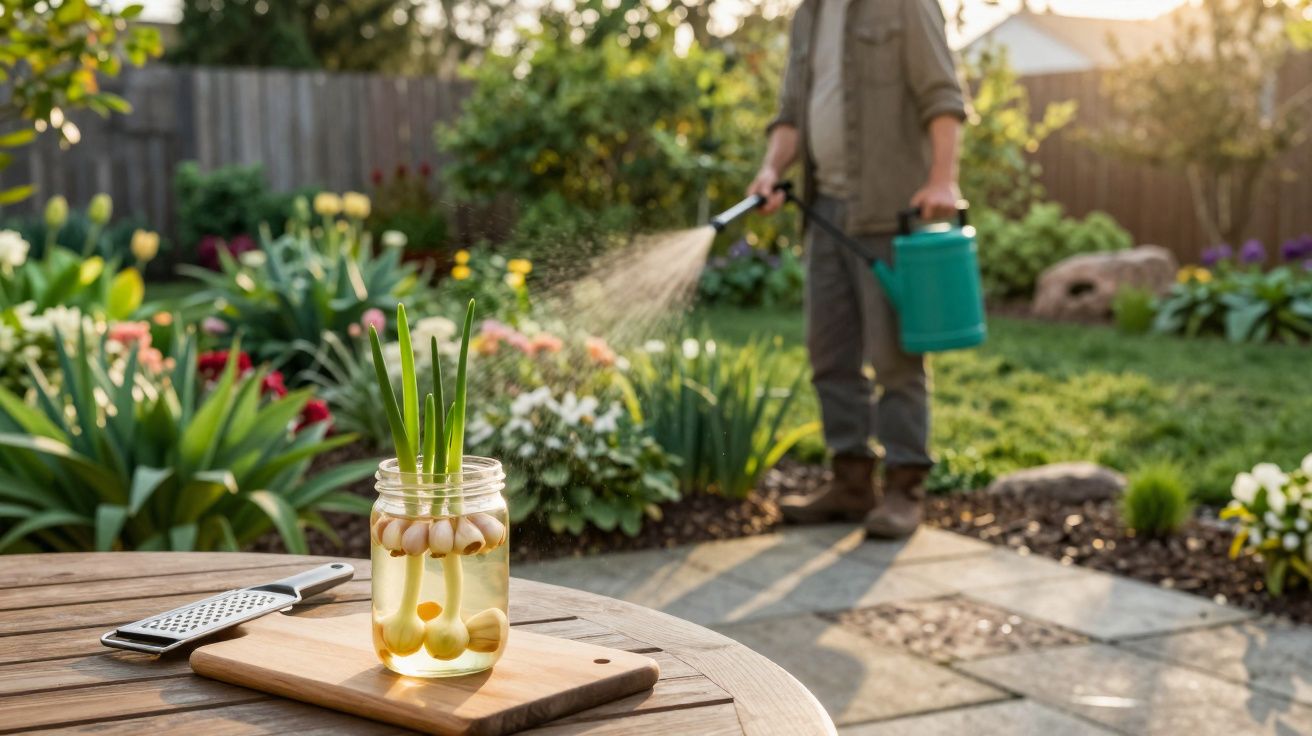 Jarro com plantas e bulbos de cebola numa mesa ao ar livre, com pessoa a regar jardim ao fundo.