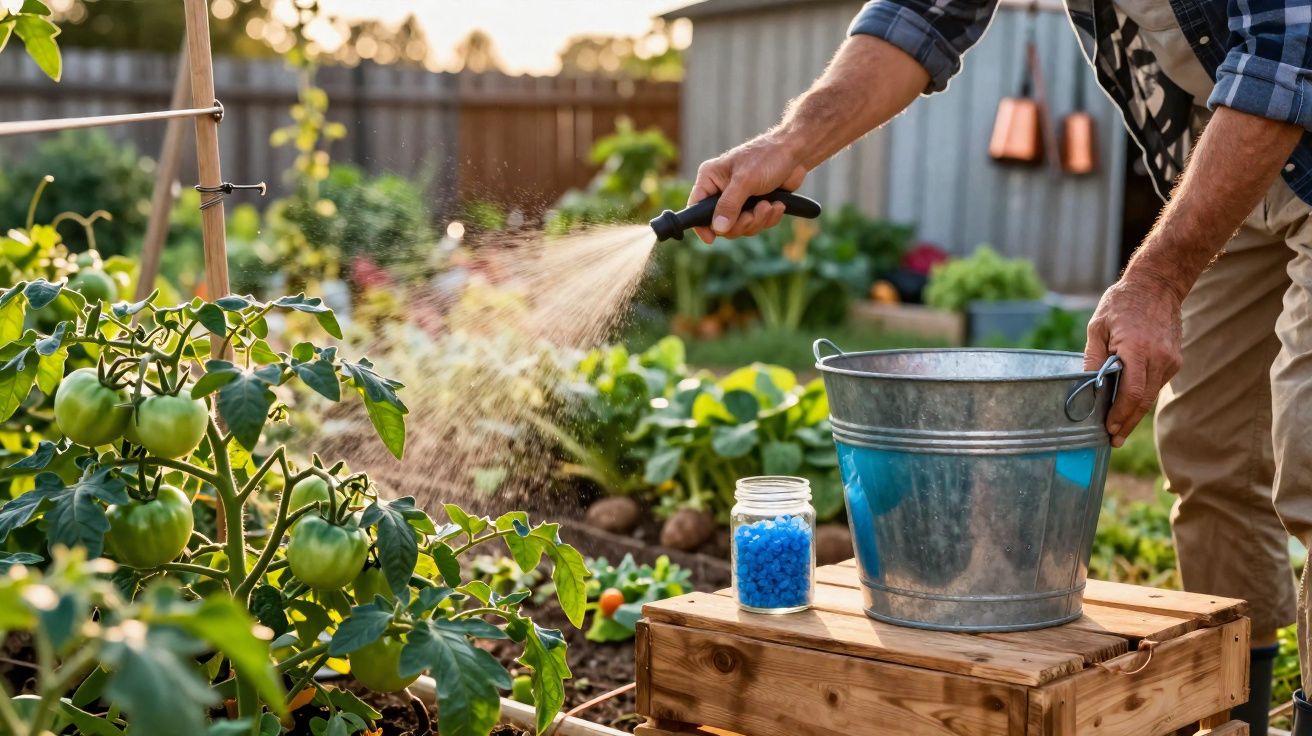 Pessoa a regar planta de tomateira num jardim usando mangueira e balde metálico.